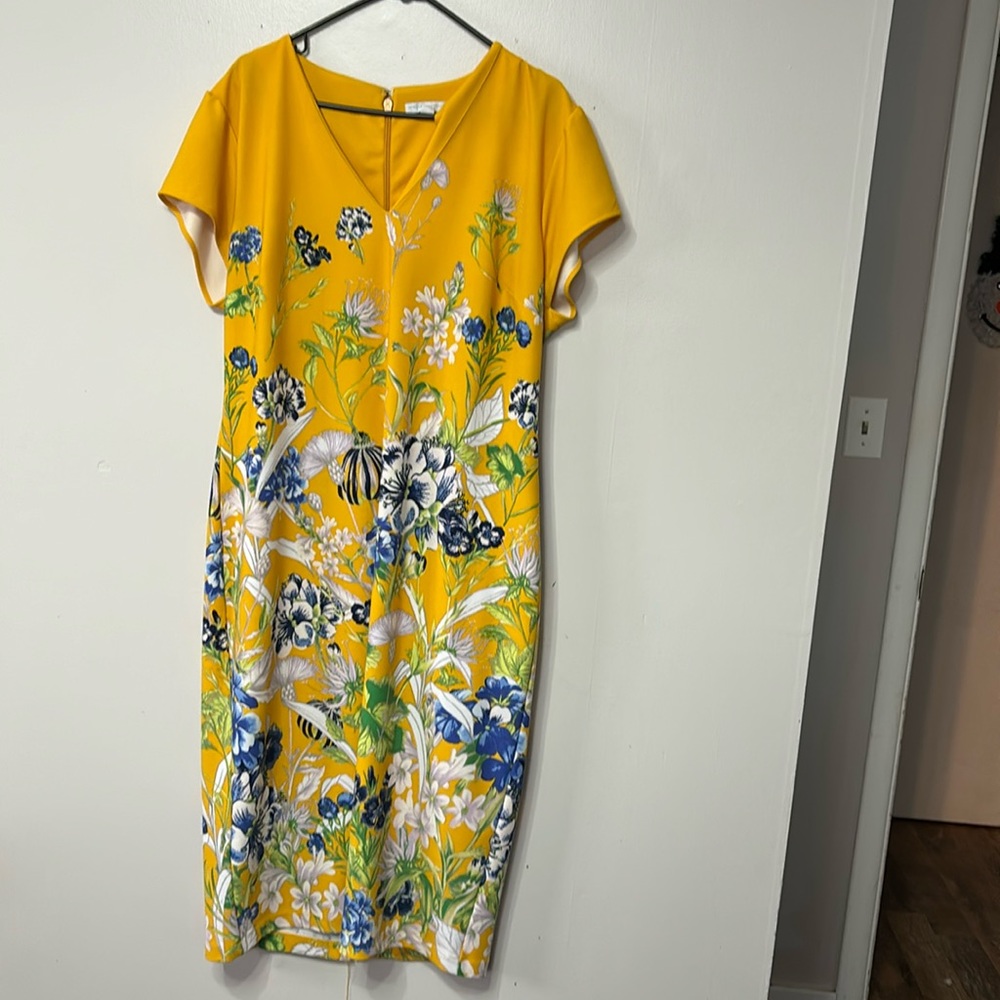 New York & Company Yellow Floral Sheath Dress XXL